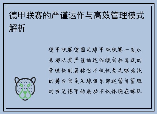 德甲联赛的严谨运作与高效管理模式解析