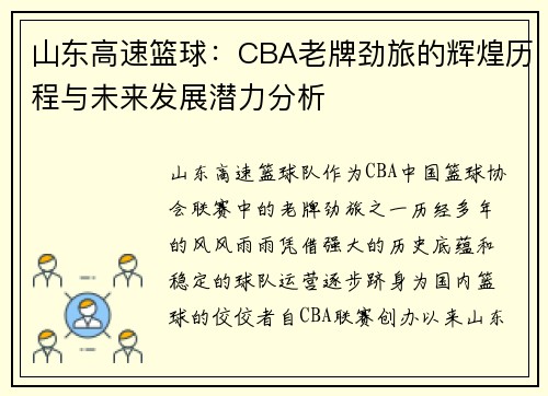 山东高速篮球：CBA老牌劲旅的辉煌历程与未来发展潜力分析