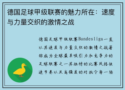 德国足球甲级联赛的魅力所在：速度与力量交织的激情之战