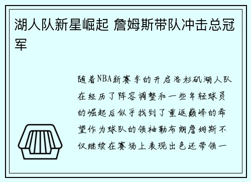 湖人队新星崛起 詹姆斯带队冲击总冠军